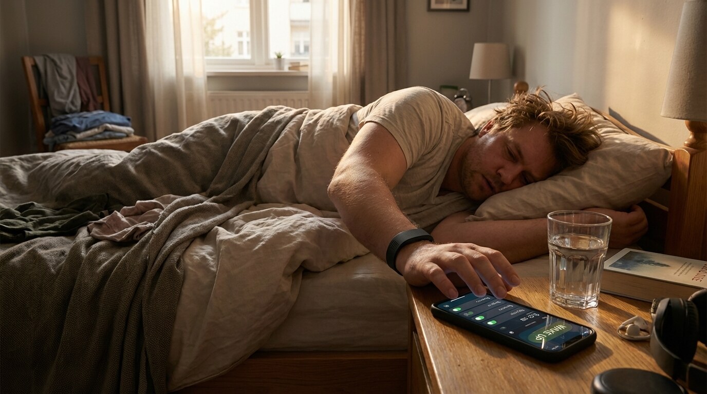 Heavy sleeper waking in bed with a smartphone alarm app on the nightstand and a Dawn Band on the wrist